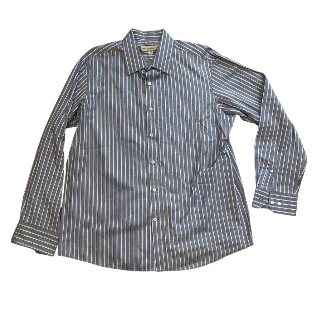 Pronto Uomo Striped Button Up Dress Shirt Men's Size XL 100% Cotton Purple Black